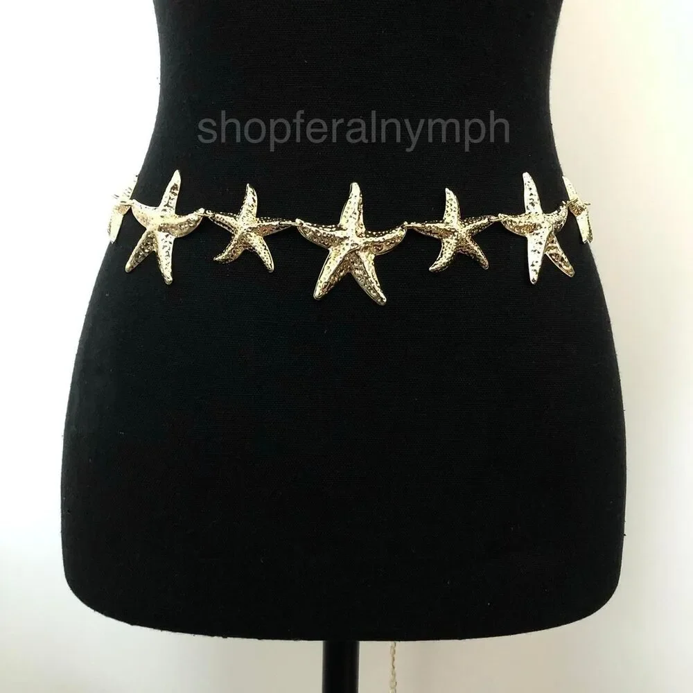 Gold Starfish Mermaidcore Beachy Chain Belt, Fits 22-42.5 Inches, X7GA1246
